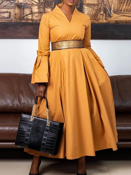 

Plain Regular Sleeve V Neck Urban Dress With No Belt, Yellow, Midi Dresses
