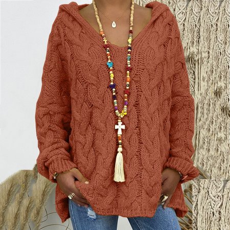 

Women Yarn/Wool Yarn Plain Three Quarter Sleeve Comfy Casual Sweater, Brick red, Sweaters