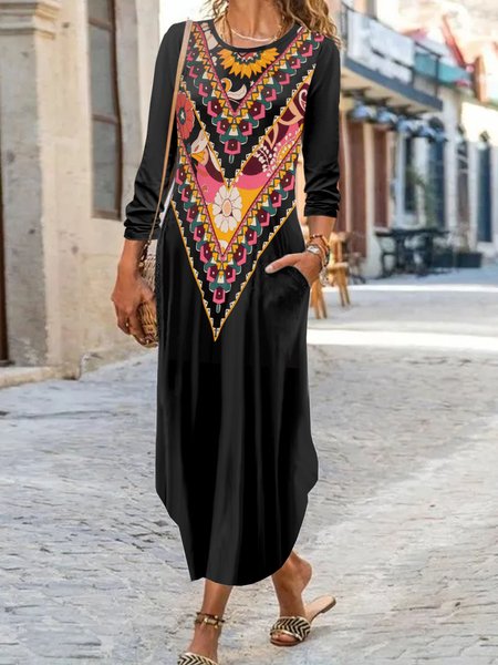 

Women Ethnic Crew Neck Long Sleeve Comfy Casual Maxi Dress, Black, Dresses