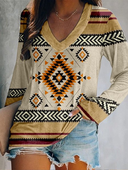 

Vintage Ethnic Geometry V Neck Long Sleeve T-shirt, Beige, T-shirts