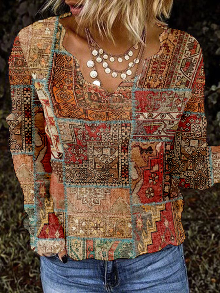 

Vintage Nationality/ethnic V Neck Long Sleeve T-shirt, Khaki, T-shirts