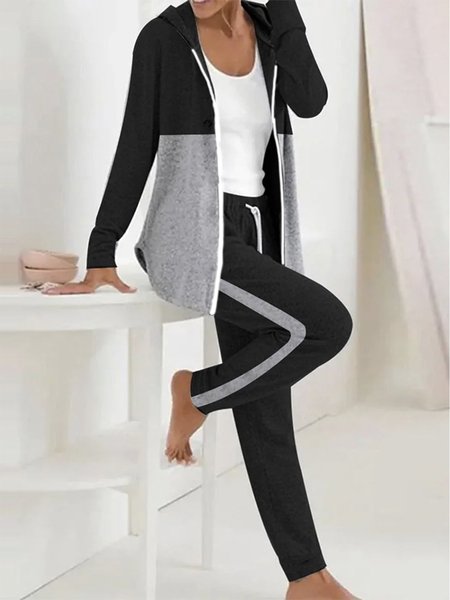 

Women Color Block Hoodie Long Sleeve Comfy Casual Coat With Pants Two-Piece Set, Black, Sets
