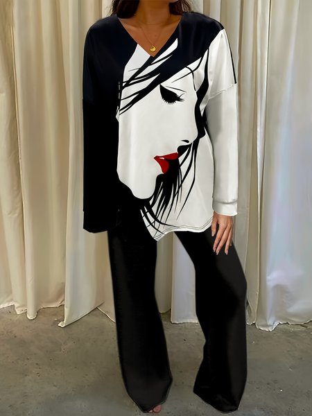 

Women Face V Neck Long Sleeve Comfy Casual Top With Pants Two-Piece Set, Black, Sets