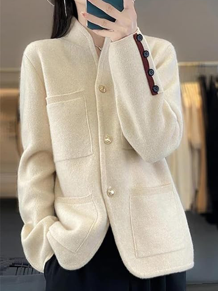 

Loose High Elasticity Stand Collar Color Block Casual Sweater Cardigan, Apricot, Cardigans