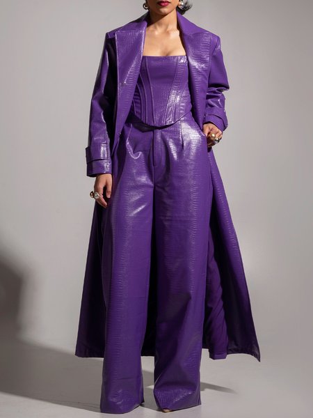 

Urban Lapel Collar Pu Loose Faux Leather Coat With Belt, Purple, Jackets