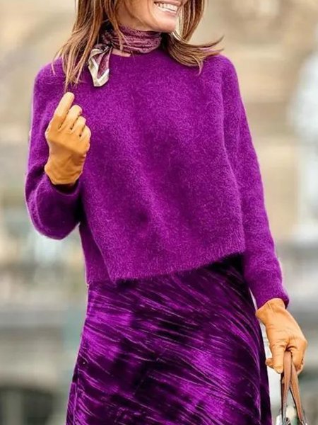 

Crew Neck Daily Loose Long Sleeve Sweater, Purple, Pullovers