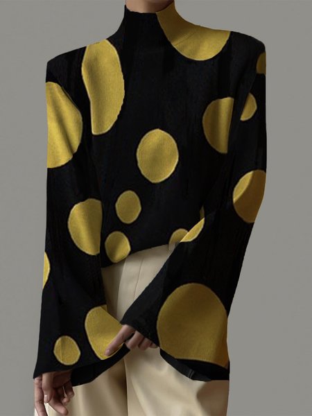 

Casual Polka Dots Loosen Turtleneck Sweater, Black-yellow, Pullovers