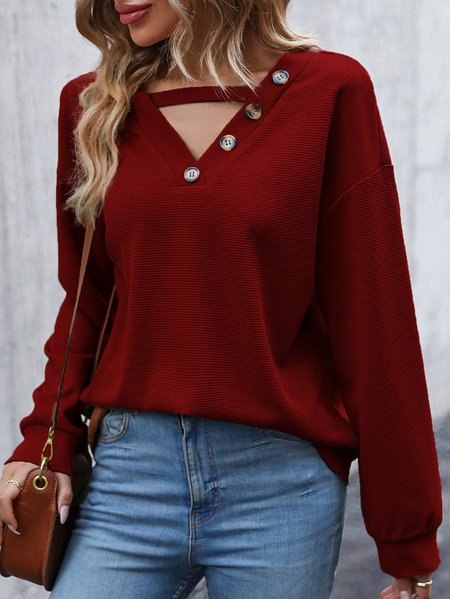

Casual V Neck Plain Sweatshirt Buckle, Wine red, Hoodies & Sweatshirts