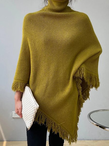 

Daily Plain Loose Casual Tassel Sweater, Yellow, Pullovers