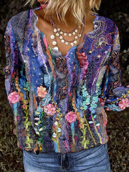 

V Neck Long Sleeve Floral Regular Micro-Elasticity Loose Blouse For Women, Purple, Blouses