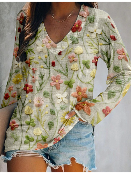 

3D Printing Casual V neck Long Sleeve Shirt, Green, Long sleeves