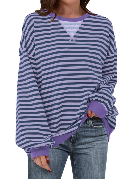 

Women Striped Oversized Sweatshirt Color Block Crew Neck Long Sleeve Shirt Casual Pullover Top Fall Y2K Clothes, Purple, Hoodies&Sweatshirts