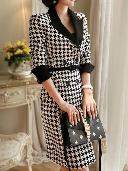 

Urban Regular Sleeve Split Joint Houndstooth Lapel Collar Dress With Belt, Black-white, Midi Dresses