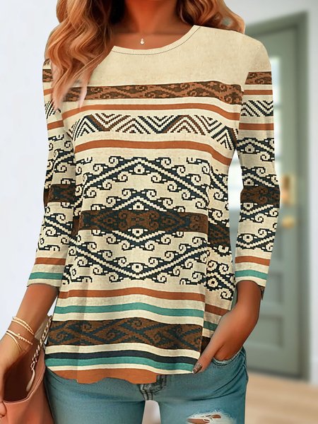 

Vintage Ethnic Crew Neck Long Sleeve T-shirt, Apricot, T-shirts