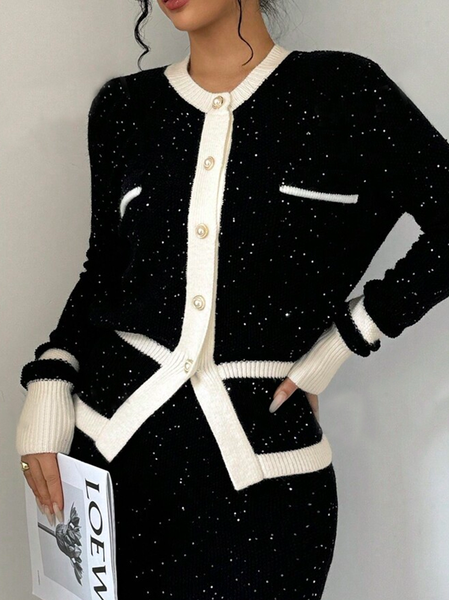 

Color Block Glitter Regular Sleeve Elegant Cardigan, Black, Cardigans