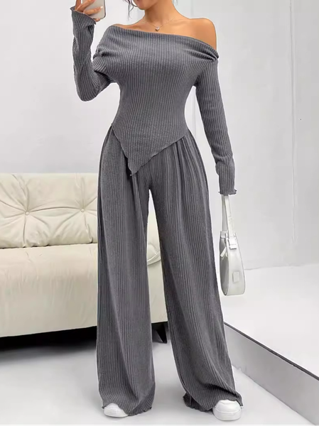

Women Plain Long Sleeve Comfy Casual Top With Pants Two-Piece Set, Gray, Sets