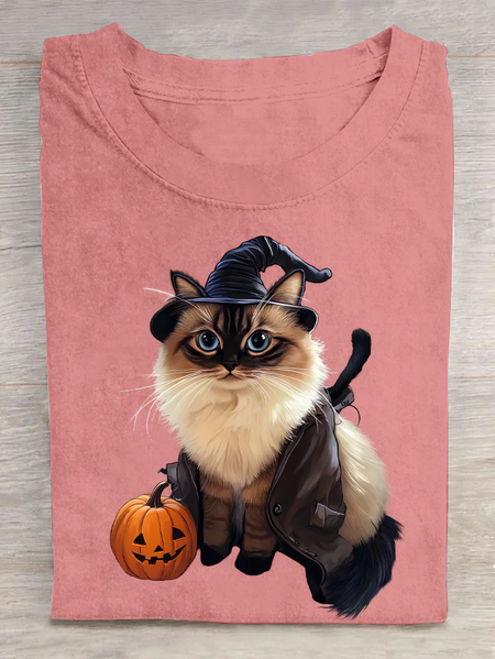 

Halloween Cat Cotton T-Shirt, Orange pink, T-shirts