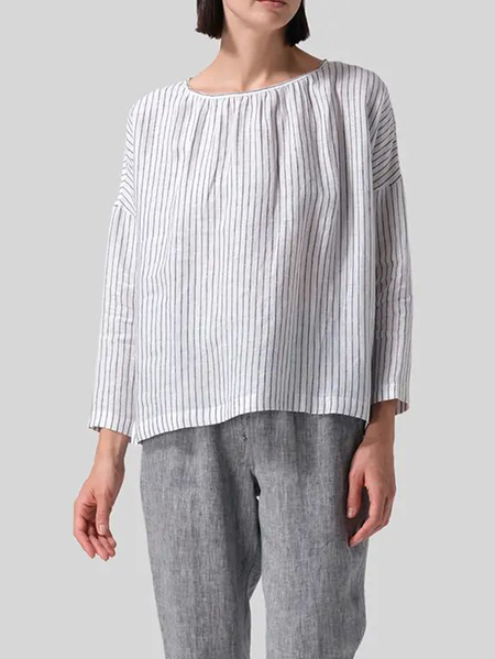 

Linen Striped Blouse, Blue, Long/Full Length Sleeve