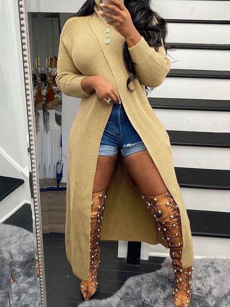 

Regular Size Casual Regular Sleeve Sweater, Khaki, Pullovers