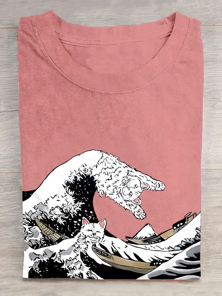 

Great Wave Of Cats Kanawaga Funny Super Cool Best Gift Cotton T-Shirt, Orange pink, T-shirts
