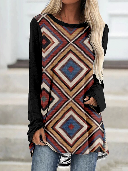 

Vintage Color Block Crew Neck Long Sleeve T-shirt, Reddish black, T-shirts