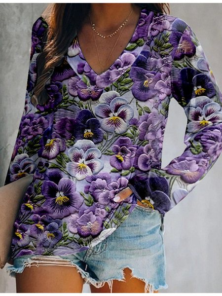 

3D Printing V neck Long Sleeve Shirt, Purple, Long sleeves