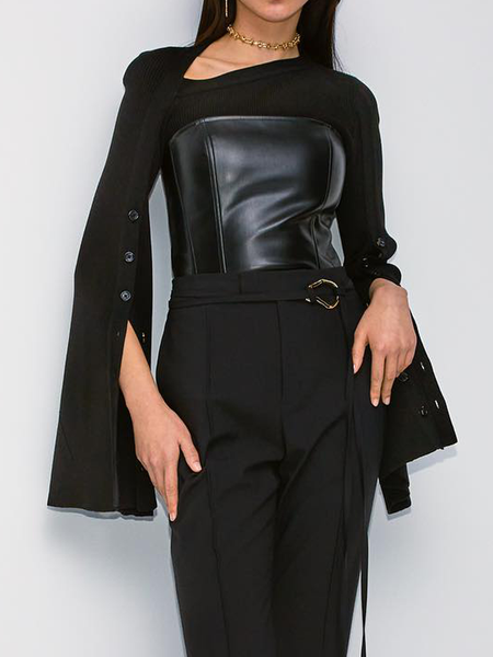 

Medium Elasticity Tight Asymmetric Long Sleeve Bell Sleeve Plain Elegant Blouse, Black, Blouses and Shirts