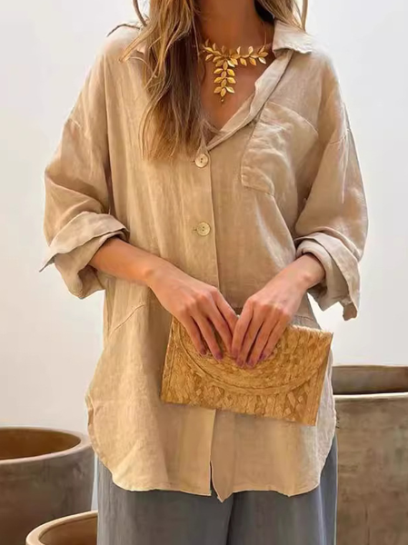 

Shawl Collar Long Sleeve Plain Regular Micro-Elasticity Loose Blouse For Women, Khaki, Blouses