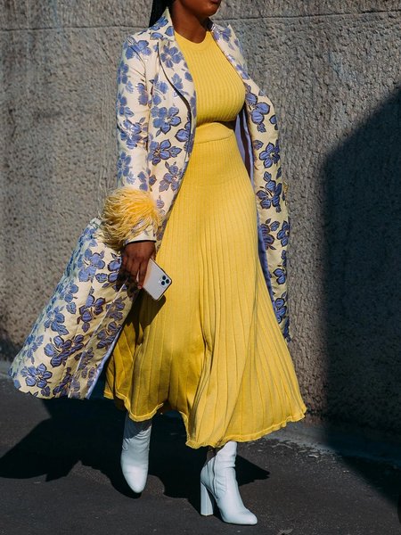 

Regular Fit Elegant Crew Neck Regular Sleeve Sweater Dress, Yellow, Midi Dresses
