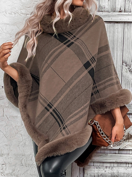 

Women's Plaid Cloak Fur Collar Regular Loose Cloak, Coffee, Coats