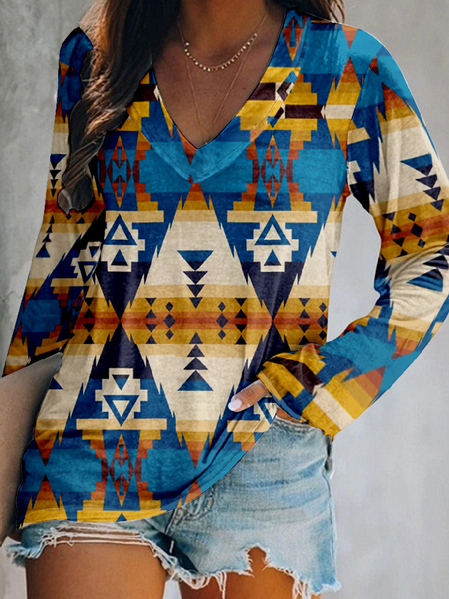 

Vintage Ethnic Geometry V Neck Long Sleeve T-shirt, Multicolor, T-shirts