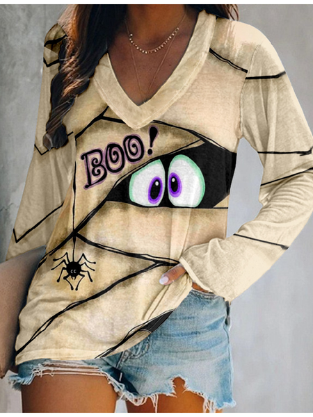 

Fashionable Halloween Peek Monster Halloween Women's Print Long Sleeve T-Shirt, Khaki, Long sleeves