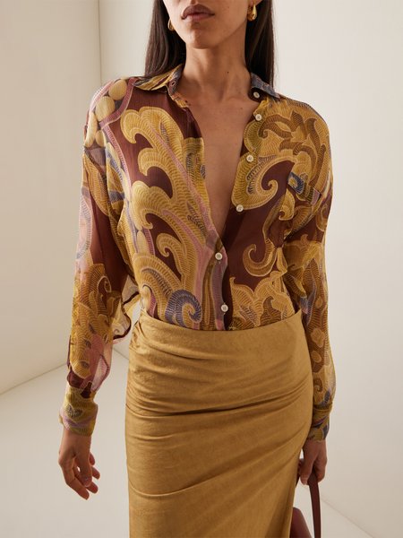 

Printing Random Print Casual Shirt Collar Shirt, Yellow brown, Blouses and Shirts
