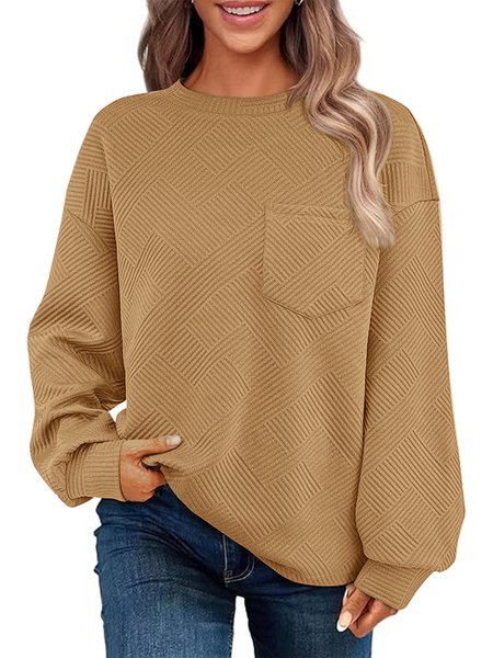 

Women's Crew Neck Plain Casual Spring/Fall Long Sleeve Sweatshirt, Khaki, Sweatshirts & Hoodies