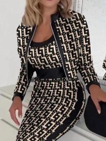 

Geometric Stand Collar Urban Regular Sleeve Jacket, As picture, Jackets