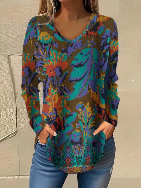 

Vintage Floral V Neck Long Sleeve T-shirt, Black-green, T-shirts