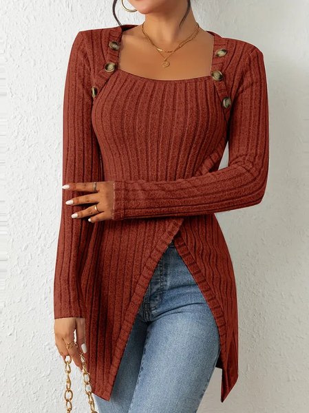 

Crew Neck Long Sleeve Plain Regular Loose Blouse For Women, Coffee, Blouses