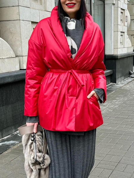 

Casual Plain Regular Sleeve Padded Jacket With Belt, Red, Padded Jackets