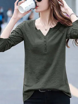 

Casual Plain V Neck Long Sleeve T-shirt, Army green, T-shirts