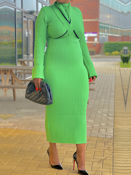 

Tight High Elasticity Turtleneck Long Sleeve Regular Sleeve Elegant Sweater Maxi Dress, Green, Midi Dresses