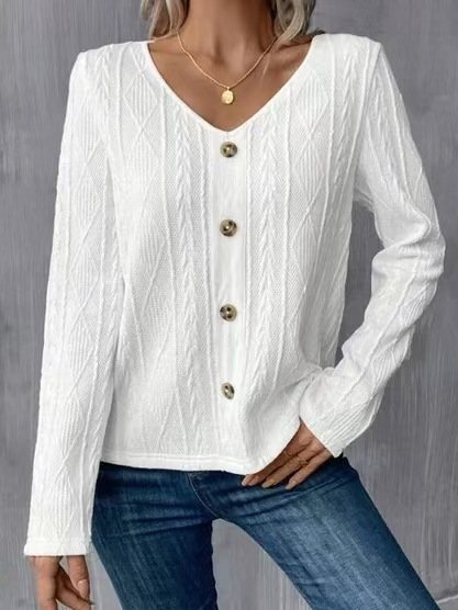 

V Neck Long Sleeve Plain Regular Micro-Elasticity Loose Blouse For Women, White, Blouses