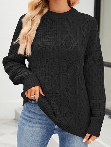 

Plain Casual Yarn/Wool Yarn Crew Neck Sweater, Black, Sweaters & Cardigans
