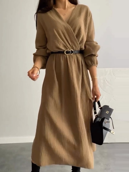 

Women's Long Sleeve Spring/Fall Plain Dress V Neck Daily Going Out Casual Midi H-Line, Khaki, Dresses