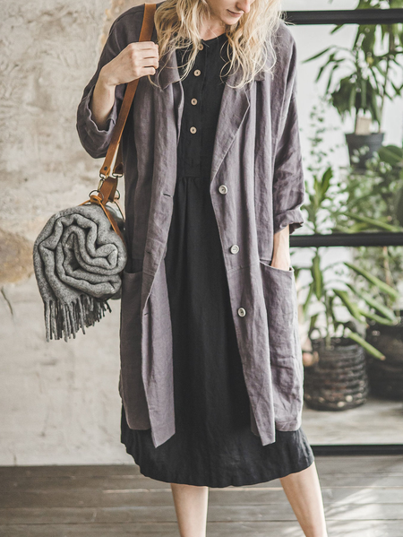 

Lapel Collar Linen Trench Coat, Gray, Outerwear