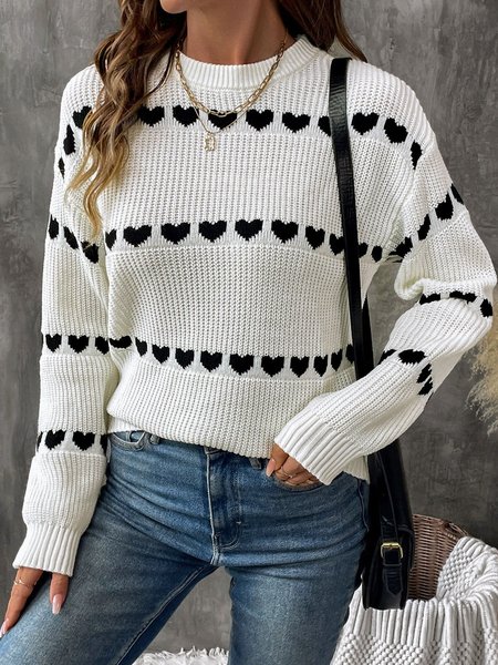 Women Yarn/Wool Yarn Heart/Cordate Long Sleeve Comfy Casual Sweater, White, Sweaters