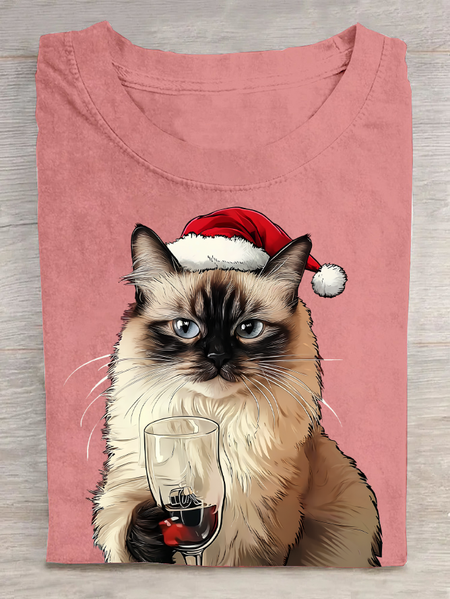 

A Cat Wearing A Santa Hat And Christmas Costume And Holding A Wine Glass Cotton T-Shirt, Orange pink, T-shirts
