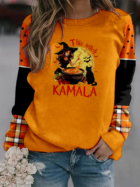 Halloween Casual Crew Neck Text Letters Sweatshirt, Yellow, Hoodies & Sweatshirts