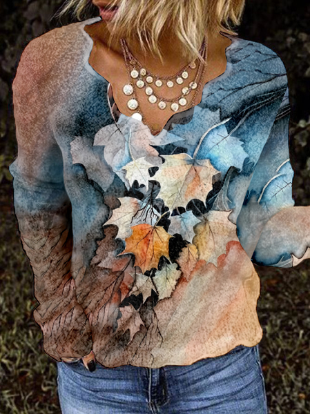 

V Neck Long Sleeve Floral Regular Micro-Elasticity Loose Blouse For Women, Yellow, Blouses