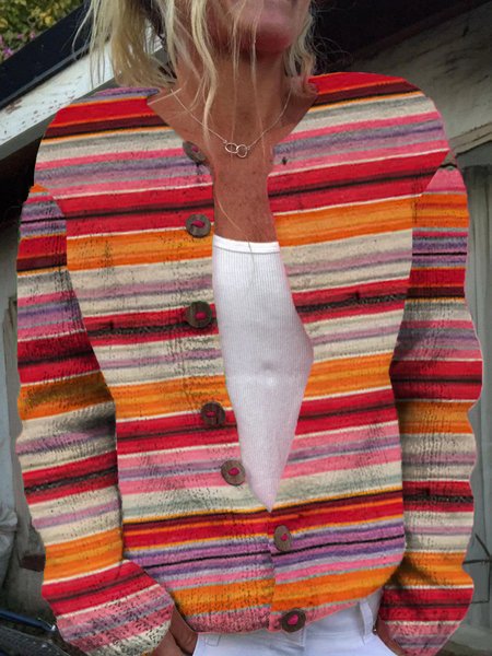 

Women Striped Long Sleeve Comfy Casual Buttoned Cardigan, Red, Cardigans