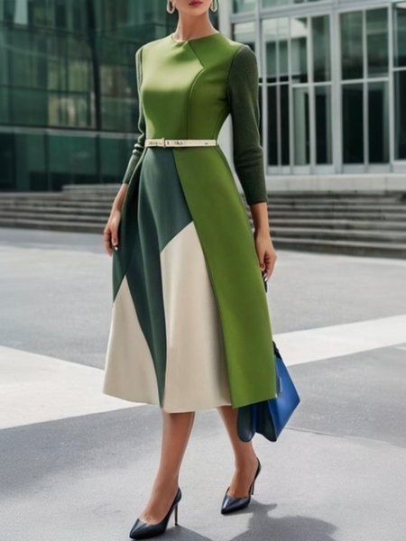 

Elegant Crew Neck Regular Fit Colorblock Dress With No Belt, Green, Midi Dresses